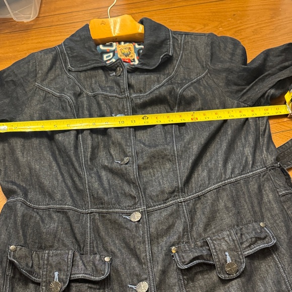 Dark Denim Trench Coat Fitted Button Up Jacket w/ Pockets Patterned Lining 2X - Picture 5 of 14